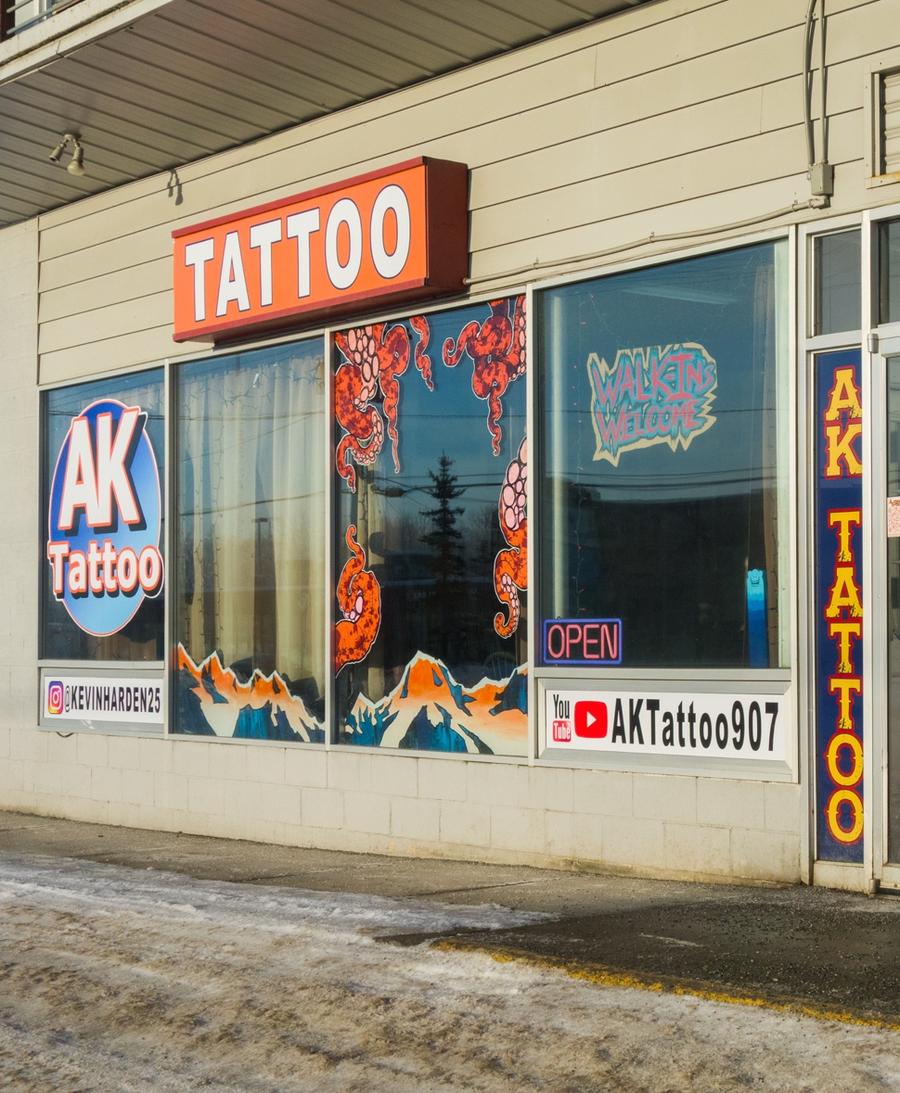 AK Tattoo exterior daytime Anchorage — walk-in tattoo shop 409 W Northern Lights Blvd AK