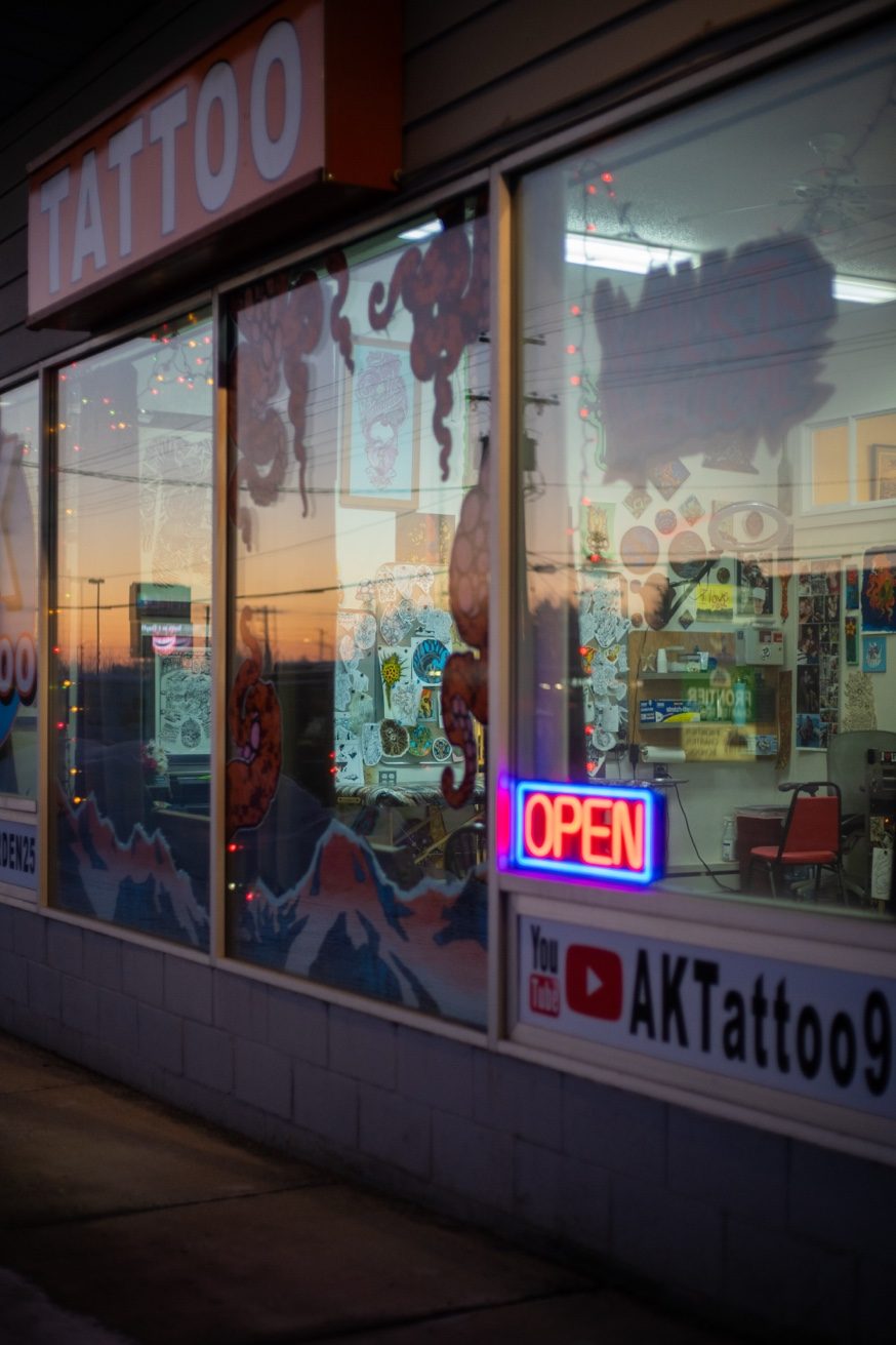 AK Tattoo shop exterior night — walk-in tattoo studio 409 W Northern Lights Blvd Anchorage AK