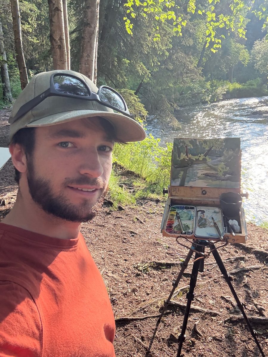 Cade Bennett plein air painting Alaska river — fine art background tattoo artist Anchorage AK