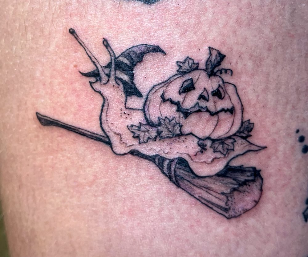 Pumpkin moon Halloween black and grey leg tattoo — Cade Bennett, AK Tattoo Anchorage AK