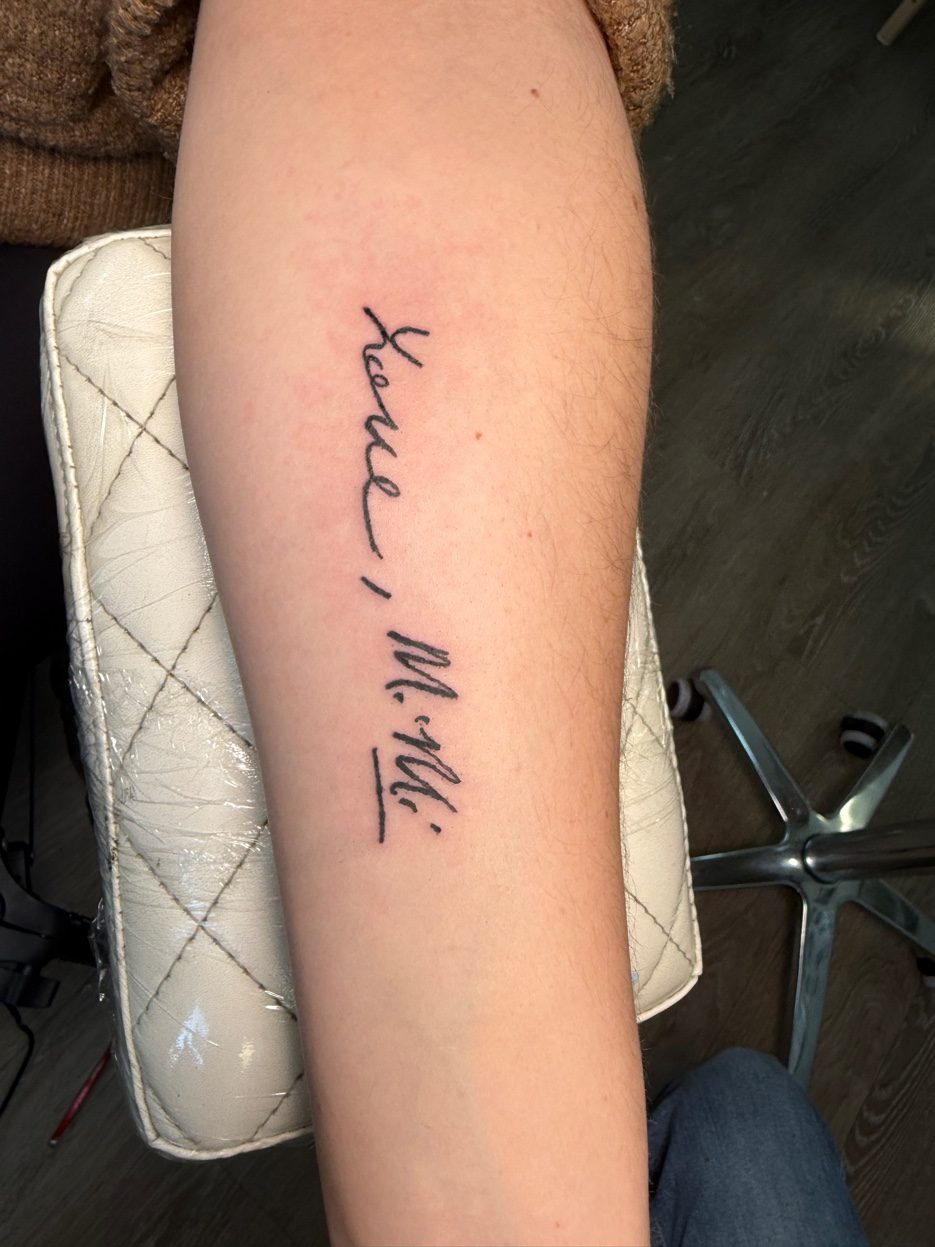 Script forearm tattoo fine line — Cade Bennett, tattoo artist AK Tattoo Anchorage AK