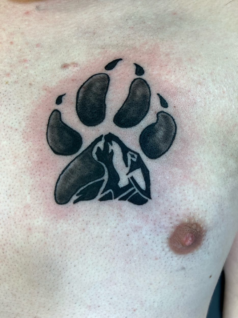 Totem style black and grey leg tattoo — Cade Bennett, Alaska tattoo artist Anchorage AK